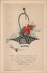 Christmas Greetings, Basket of Flowers and Birds Postcard