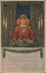 Woman in Medieval Attire with Flaming Bowl, Christmas Greeting Postcard