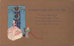 Christmas Joy To You, Woman and Boy with Garland Postcard