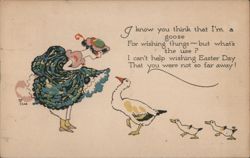 Woman and Goose, Easter Greeting "Wishing You Were Not So Far Away" Postcard