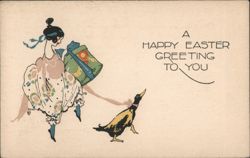 Happy Easter Greeting, Woman with Hatbox and Duck Postcard