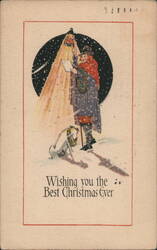 Christmas Caroler with Lantern and Dog in Snow Postcard