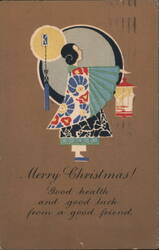 Merry Christmas, Asian Figure with Lantern, Art Deco Style Postcard