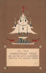 Stylized Christmas Tree with Candles and Birds Postcard