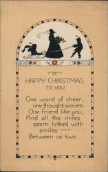Happy Christmas Silhouette, Woman Pulling Sled Postcard