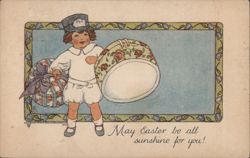 Easter Greetings, Child with Basket and Egg Postcard