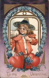 Valentine Girl with Dove and Forget-Me-Nots, Mechanical Postcard