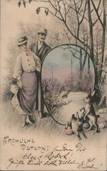Fröhliche Ostern! Couple, Rabbits, Eggs & Mirror Postcard