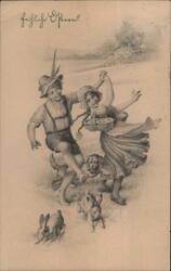 Happy Easter! Children Dancing with Dog and Rabbits Postcard