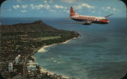 Hawaiian Airlines Super Convair over Diamond Head & Waikiki Postcard