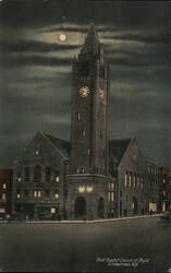 First Baptist Church at Night, Watertown NY Postcard