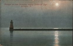 Moonlight on Lake Champlain, Breakwater Light, Burlington VT Postcard