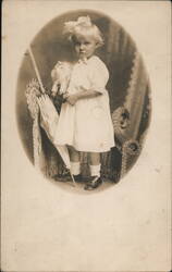 Young Girl with Bow, Stuffed Animal & Parasol Postcard