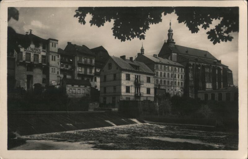Jaroměř, River, Church, Restaurant and Hotel Postcard Czechoslovakia