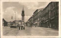 Znojmo, Czechoslovakia - Street Scene with Town Tower Postcard