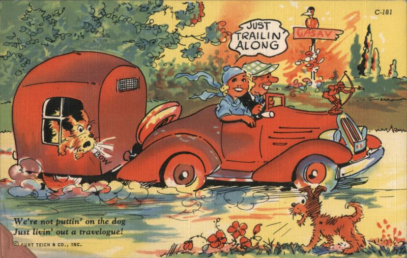 Just Trailin' Along - Couple in Car with Camper and Dogs