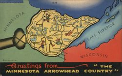 Greetings from Minnesota Arrowhead Country Map Postcard