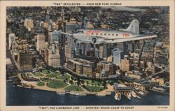 TWA Skysleeper Airplane Over New York Harbor Postcard