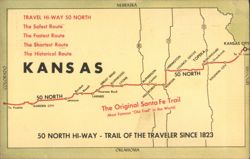 Map of Kansas Hi-Way 50 North, Santa Fe Trail Postcard