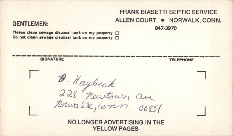 Frank Biasetti Septic Service Reply Card, Norwalk, CT Connecticut