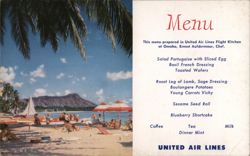 United Air Lines Menu, Waikiki Beach & Diamond Head Postcard