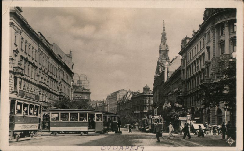 Street Scene with Trams, Erzsébet Boulevard, Budapest Hungary