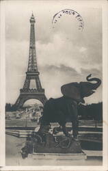 Eiffel Tower & Frémiet's Elephant Statue, Trocadéro, Paris Postcard