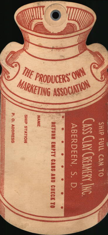 The Producers' Own Marketing Association Milk Can Tag Aberdeen South Dakota