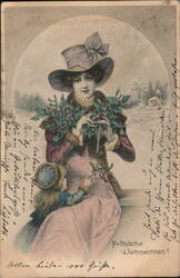 Woman & Child with Holly, Frohliche Weihnachten Postcard