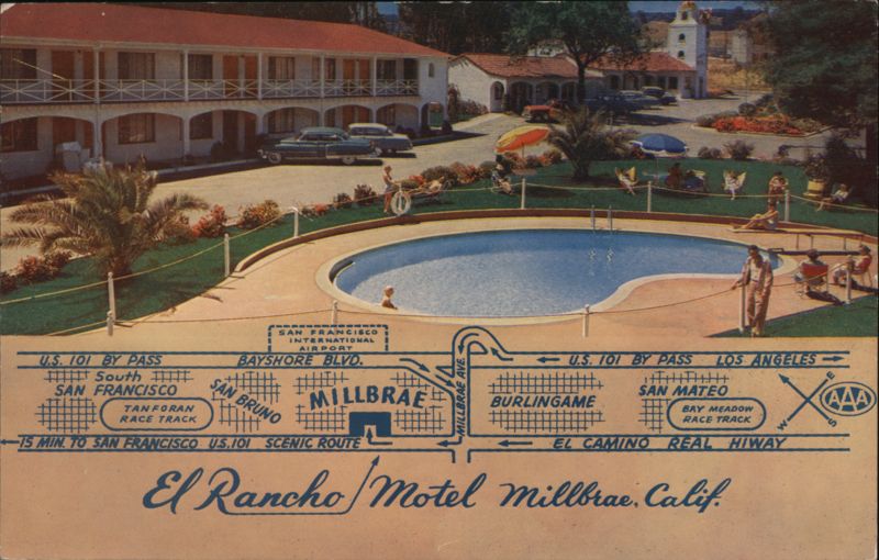 El Rancho Motel, Swimming Pool & Map, Millbrae, CA California
