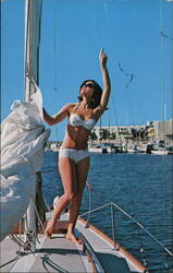 Woman in Bikini on Sailboat, Marina del Rey Hotel Postcard