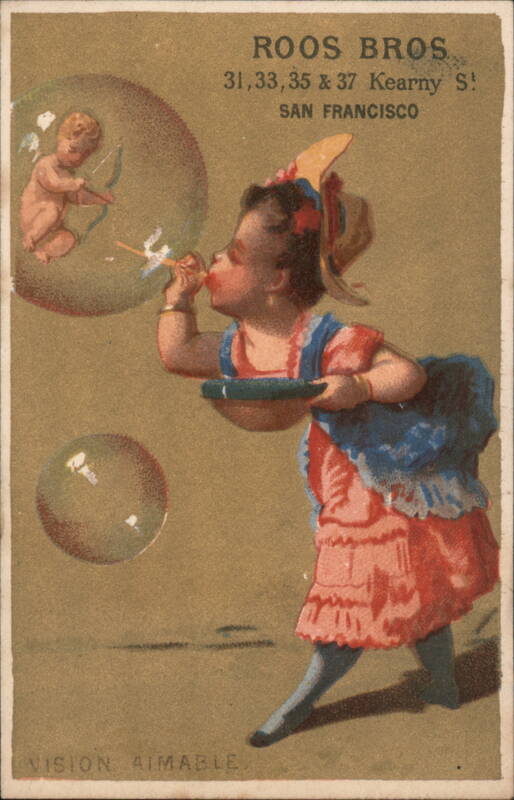 Roos Bros. Clothing, Child Blowing Bubbles with Cupid, San Francisco
