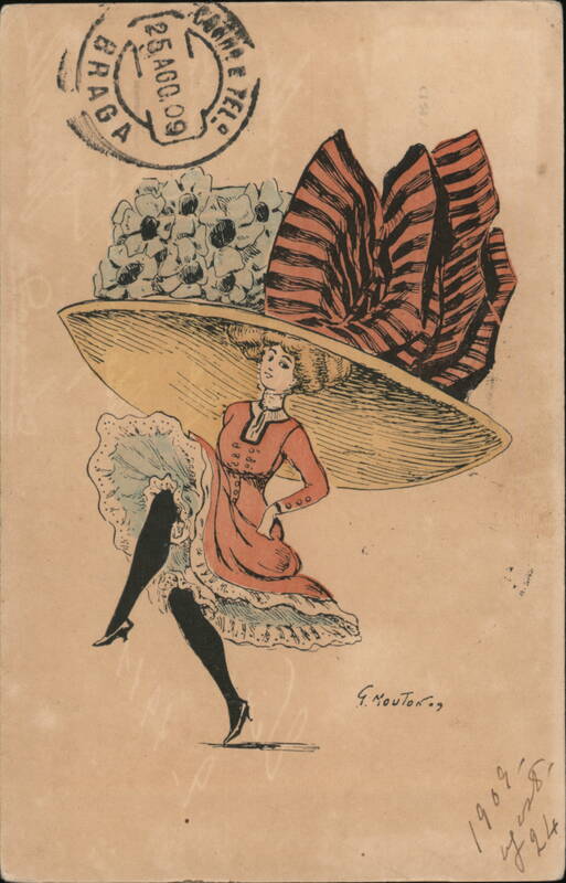 Art Nouveau Woman with Large Striped Hat, G. Mouton
