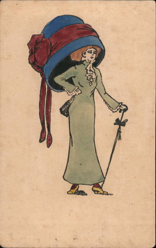 Illustration of Woman in Large Blue and Red Hat with Walking Cane