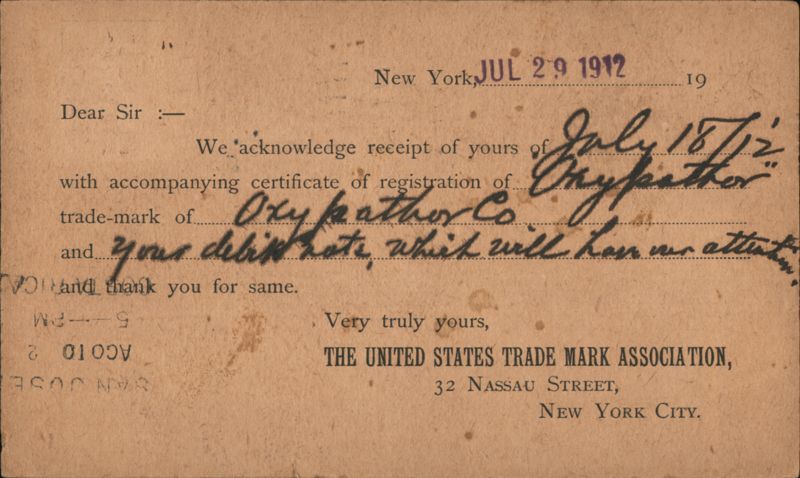 U.S. Trade Mark Association Acknowledgment, Oxyfaether Co., 1912