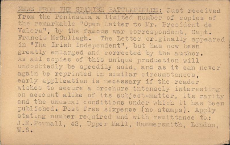 Ad: Capt. McCullagh's 'Open Letter to Pres. de Valera' on Spanish Battlefields