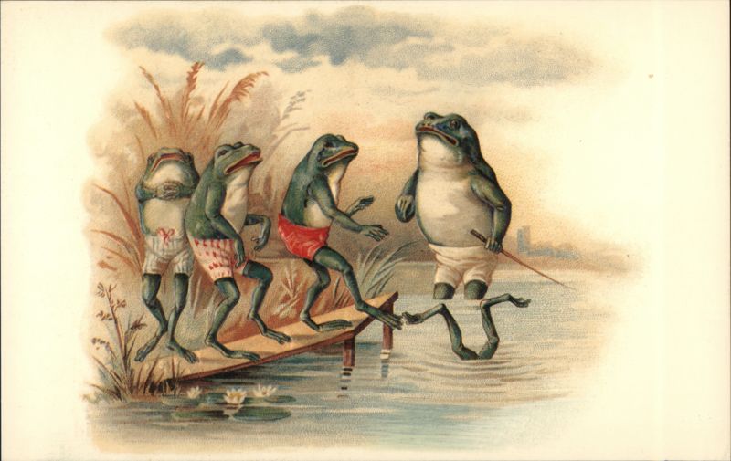 Four Frogs in Swimwear, One Entering Water, Legs Detached
