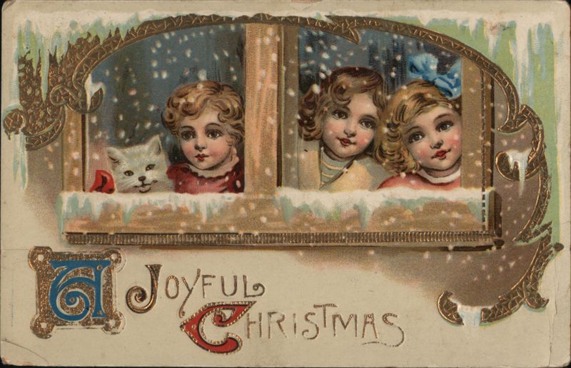 Joyful Christmas - Children and Cat at Snowy Window