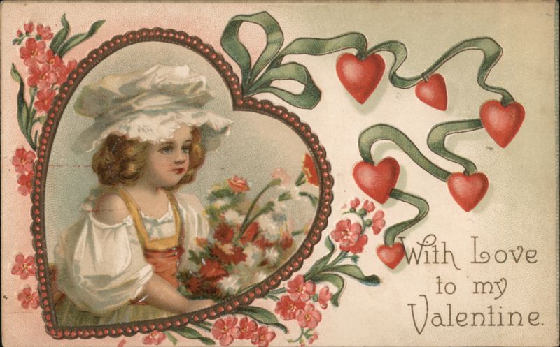 Valentine Greeting with Girl in Bonnet and Hearts Children