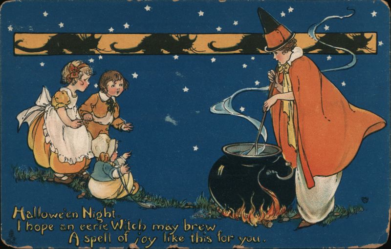 Halloween Night, Witch Brewing a Spell for Children