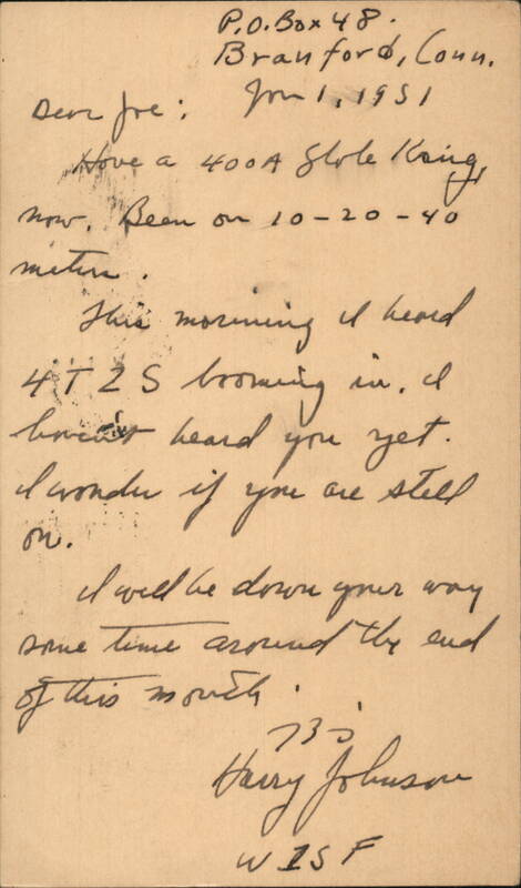 Ham Radio Message, Harry Johnson (WZ5F) to Joe Singleton (W4OPZ), 1951