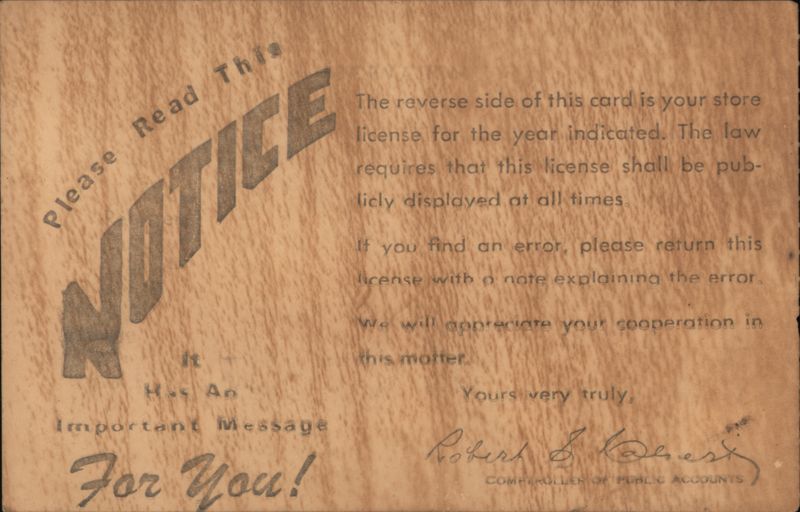 Texas Store License, 1963, Bob Burns Agency, Fort Worth
