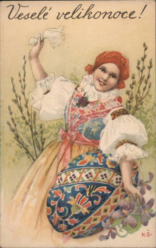 Veselé Velikonoce! Woman in Folk Costume with Easter Egg