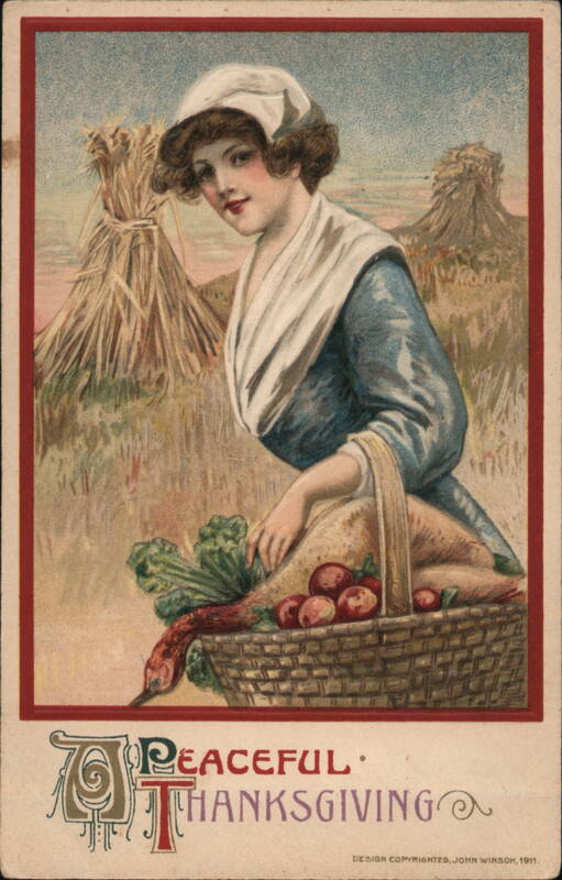 Peaceful Thanksgiving - Woman in Pilgrim Attire with Harvest Basket