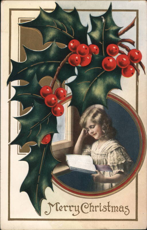 Merry Christmas Greeting with Girl Reading and Holly
