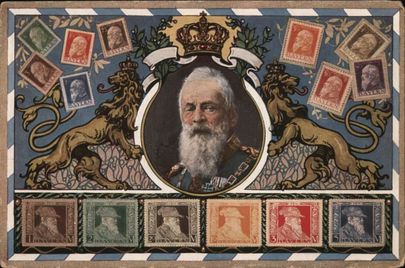 Prince Regent Luitpold of Bavaria, Stamp Montage with Lions & Crown