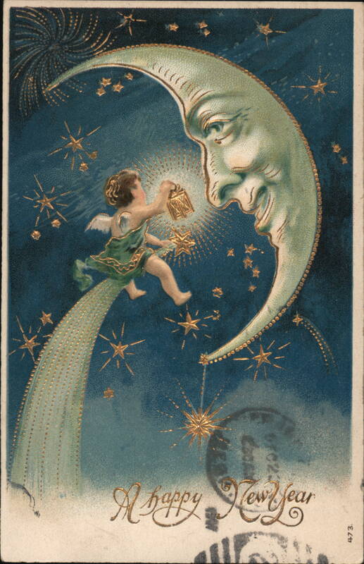 A Happy New Year - Cherub and Crescent Moon Angels & Cherubs