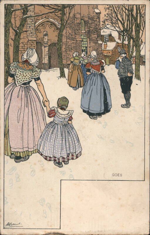Traditional Dutch Figures in Snowy Scene, Goes Blessind.