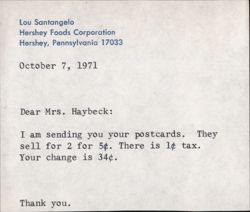 Letter from Lou Santangelo, Hershey Foods, Re: Postcard Purchase 1971 Ephemera