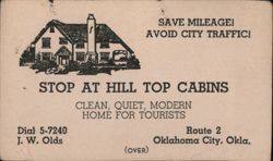 Hill Top Cabins Advertisement and Location Map, Oklahoma City, OK Business Card